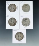 1917-S Rev, 1918, 1918-S, 1920 and 1923-S Walking Liberty Half Dollars AG-G