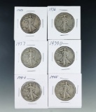 1935, 1936, 1937, 1939-D, 1941-D and 1945 Walking Liberty Half Dollars F