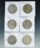 1949-D, 1950-D, 1951, 1953-D, 1958 and 1963-D Franklin Silver Half Dollars F-AU