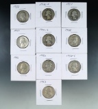 1932, 1936-S, 1937, 1940, 1941-S, 1943, 1946, 1950, 1954-S and 1963 Washington Silver Quarters