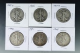 1935-D, 1936, 1941-D, 1942, 1943 and 1945 Walking Liberty Half Dollars G-XF