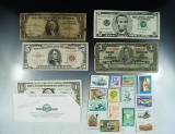 $1.00 Silver Certificate, $5.00 Red Seal United States Notes, $1.00 Federal Reserve Note, Stamps and