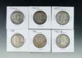 1949-D, 1951-S, 1957, 1958, 1961 and 1963-D Franklin Silver Half Dollars F-XF