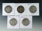 1917, 1917-S Rev, 1918-D, 1920 and 1920-S Walking Liberty Half Dollars AG-G