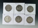 1934, 1935-S, 1939, 1941, 1943 and 1947-D Walking Liberty Half Dollars F-XF