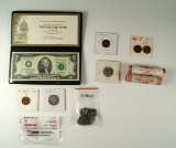 Assorted Coins and $2.00 Federal Reserve Note in Folder CU * See full description for details!