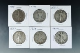 1934, 1935,1936-S, 1937, 1939 and 1941-D Walking Liberty Half Dollars G-VF