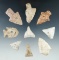 Set of nine assorted arrowheads and knives found in the Eastern U. S. Largest is 1 7/8