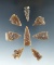 Set of eight Knife River Flint arrowheads which were glued to an old board found in the Dakotas