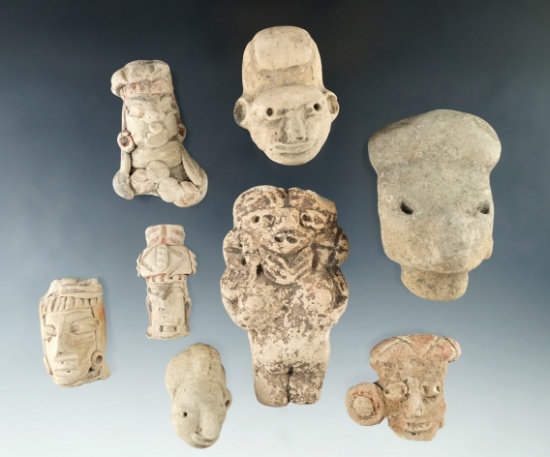 Set. of eight assorted pre-Columbian Mesoamerican clay pottery heads and figures