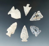 Set of six highly patinated arrowheads found in the Dakotas, largest is 1 1/2