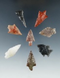 Set of eight assorted arrowheads found in the Great Basin and Columbia River area.