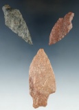Set of three stemmed points found in King George Co.,, Virginia near Lake Monroe.