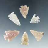 Set of 6 Colorado Arrowheads made from semi-translucent material, largest is 1 1/16