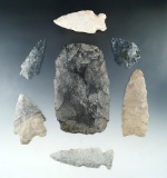 Group of assorted flaked artifacts found in Licking Co., Ohio, largest is 3 11/16