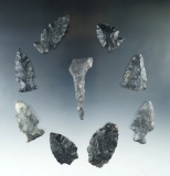 Set of nine Coshocton Flint arrowheads found in Fairfield Co., Ohio, largest is 2 5/16