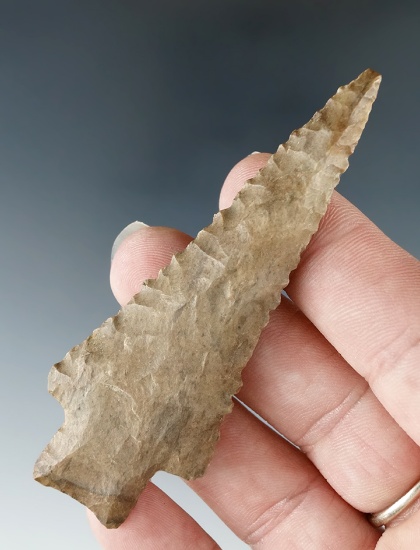 Excellent flaking and style! 3 1/8" stemmed dart point made from Dover Flint found in Tennessee.
