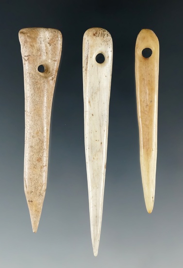 Set of three nice drilled bone needles or all found in Tennessee, largest is 3 1/8".