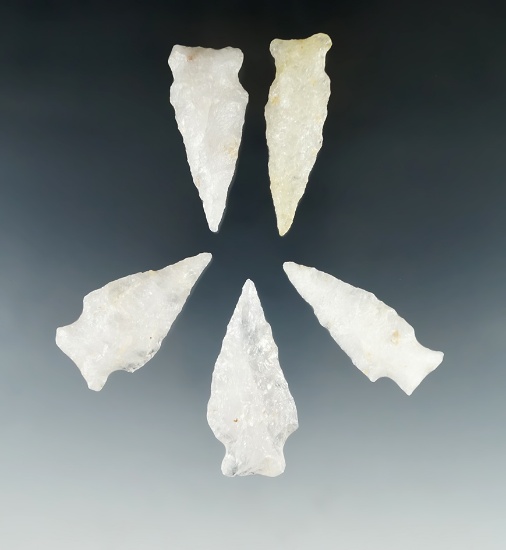 Set of five nice Quartz arrowheads found in Virginia, largest is 2".