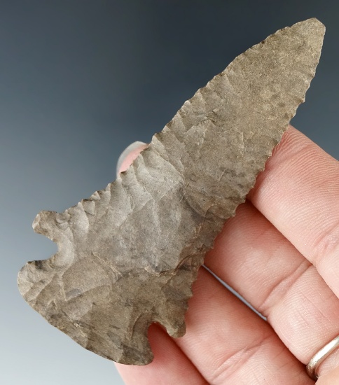 Nice! 3 1/8" serrated Pinetree made from Dover Flint found in Tennessee.