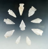 Group of 10 quartz arrowheads found in Virginia, largest is 1 3/4