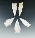 Set of five nice Quartz arrowheads found in Virginia, largest is 2