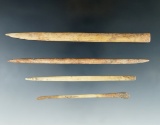 Set of four bone awl's or pins found in Tennessee, largest is 5 and