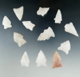 Set of 12 nice Quartz arrowheads found in Virginia, largest is 1 5/16