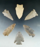 Set of six assorted Tennessee arrowheads, largest is 2 9/16