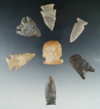 Nice group of seven assorted Tennessee arrowheads including a Paleo, largest is 2