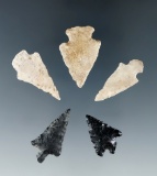 Set of five assorted arrowheads found near the Columbia River, largest is 1 3/16