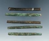 Set of five rolled copper tube beads, all around 2 3/8