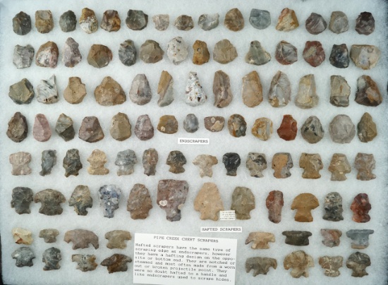 Very large assortment of scrapers made from Pipe Creek chert found in and around Erie Co., Ohio .