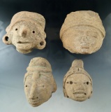 Set of four nice sized pre-Columbian pottery heads found in Mexico, largest is 3