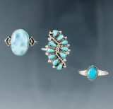 Set of three vintage silver and turquoise rings.