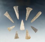 Set of nine Fort Ancient Triangular points, largest is 1 7/8