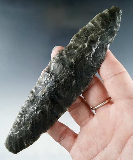 5 5/8" Knife made from grey and black Banded Obsidian, found near Crump Lake in Lake Co., Oregon.