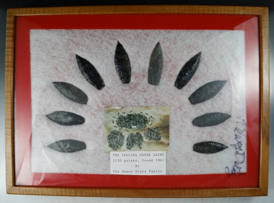 Framed Cache of 10 Obsidian Cascade points from the Paulina Creek Cache found in 1961.