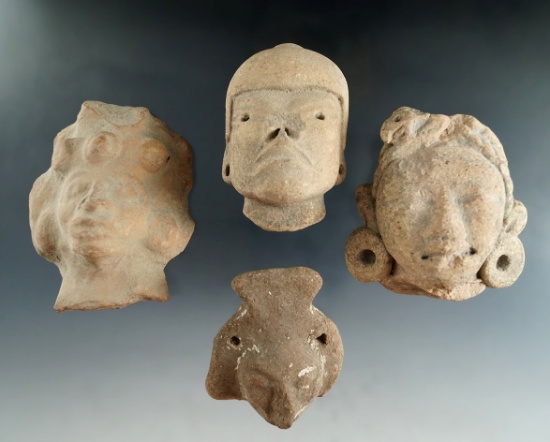 Set of 4 assorted pre-Columbian pottery heads and figurines found in Mexico.