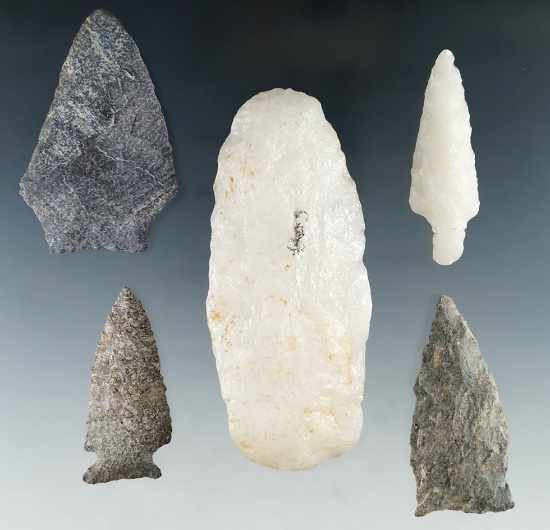 Set of five assorted artifacts found in Virginia, largest is 3 7/8".