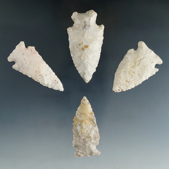 Set of four nicely made Archaic Cornernotch points found in Ohio, largest is 2 3/16".
