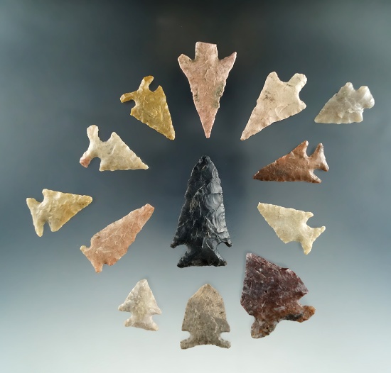 Group of 13 assorted Texas arrowheads, largest is 1 5/8".