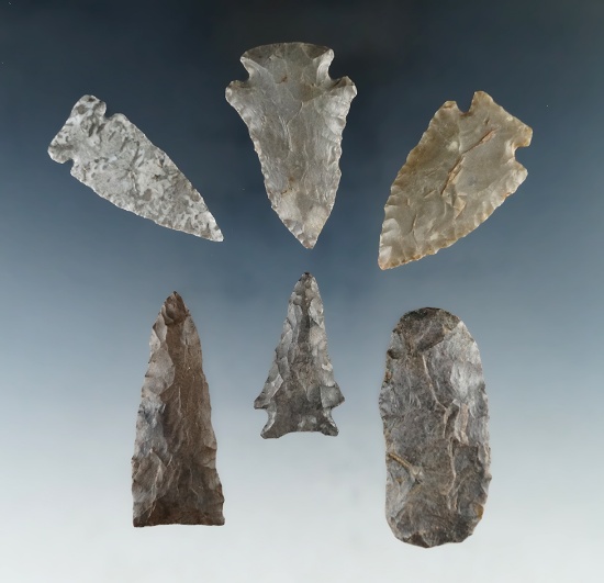Set of six assorted arrowheads found in Tennessee, largest is 2 1/8".