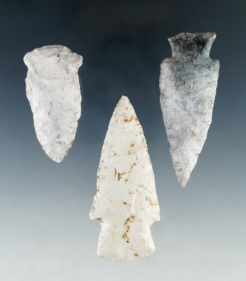 Set of three assorted arrowheads found in Missouri, largest is 3 1/8".