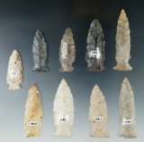 Group of 9 Sidenotch and Fishspear Points found in Ohio.  Largest is 2 5/16