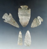 Set of 5 Arrowheads made from Indiana Green Flint including a 2 5/8