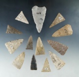 Group of 13 Larger Triangle Points and Knives found in Ohio, largest is 2 5/8