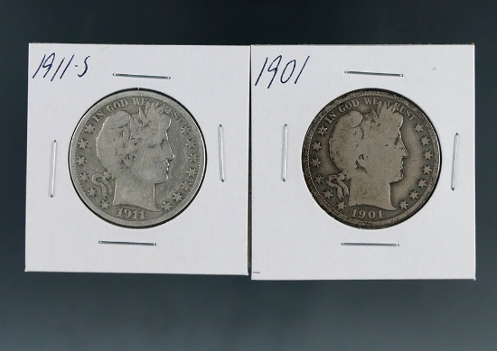 1901 and 1911-S Barber Silver Half Dollars G-VG