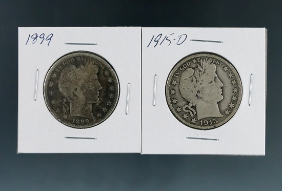 1899 and 1915-D Barber Silver Half Dollars G-VG