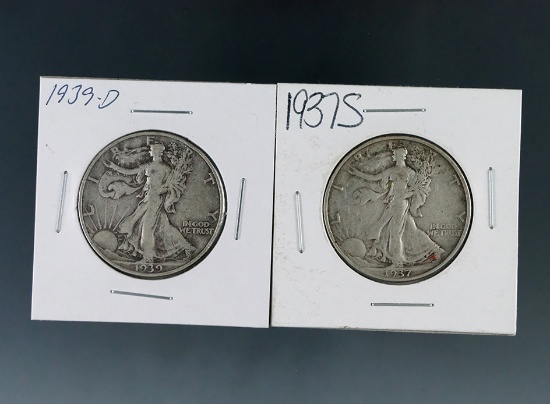 1937-S and 1939-D Walking Liberty Silver Half Dollars F-VF